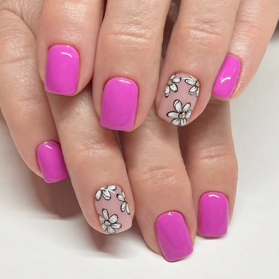 Floral Fantasy Short Square Press On Nail Set Bright Pink with Charming Flower Accent Design