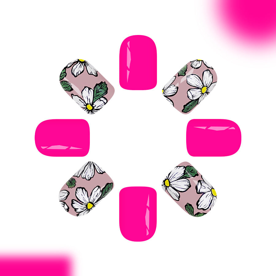 Floral Fantasy Pink Square Short Press On Nail Set with Vibrant Botanical Design