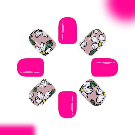 Floral Fantasy Pink Square Short Press On Nail Set with Vibrant Botanical Design