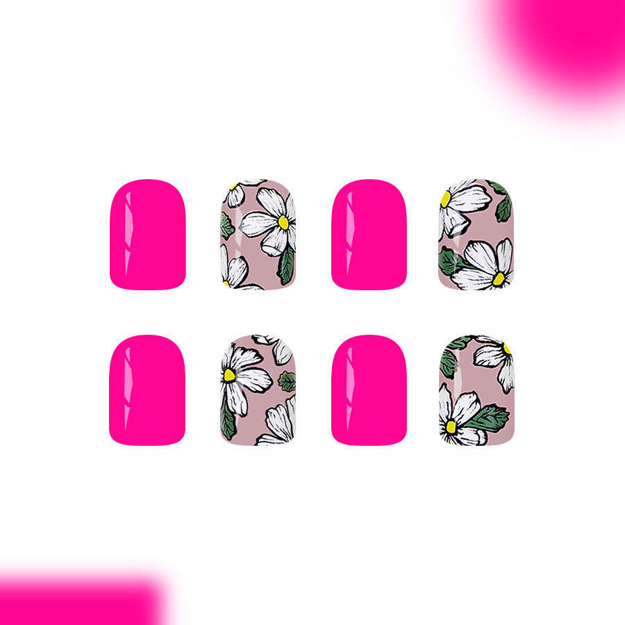 Floral Bliss Short Square Bright Pink Nails with Hand-Painted Flower Accent