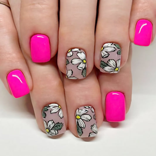 Floral Fantasy Square Short Neon Pink and Floral Print Press on Nail Set