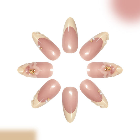 Charming Blossom Long Almond Pink Press On Nail Set with Elegant Floral Accents