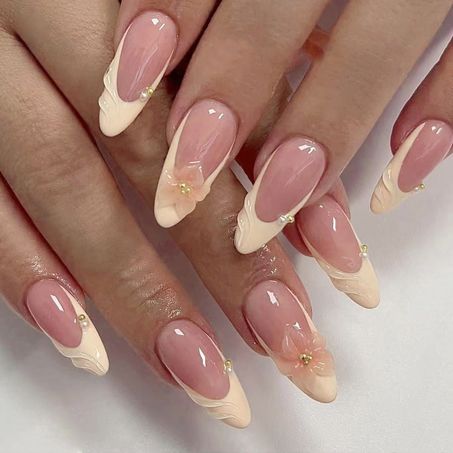 Elegant Blossom Press On Nail Set Long Almond Beige and Beige With Three Dimensional Floral Accents