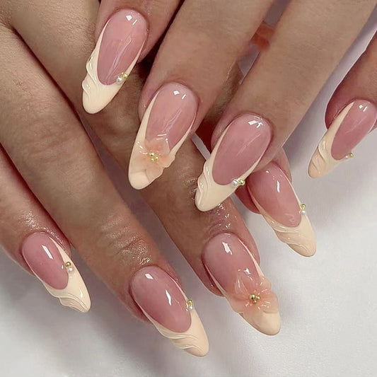 Elegant Blossom Press On Nail Set Long Almond Beige and Beige With Three Dimensional Floral Accents