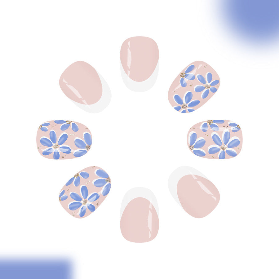 Floral Dreams Extra Short Oval Pink with Blue Floral Accents Press On Nail Set