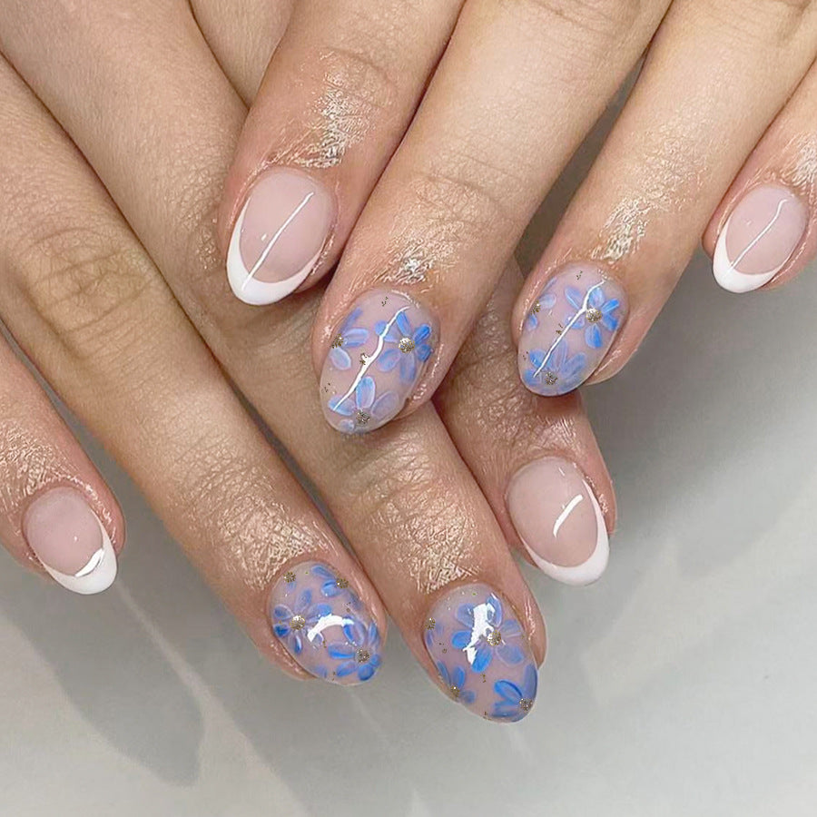 Whimsical Medium Garden Small Round Blue Floral Accent Nail Set