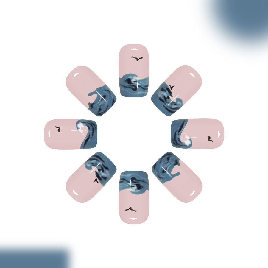 Oceanic Dream Medium Square Pink with Wave Design Press On Nail Set