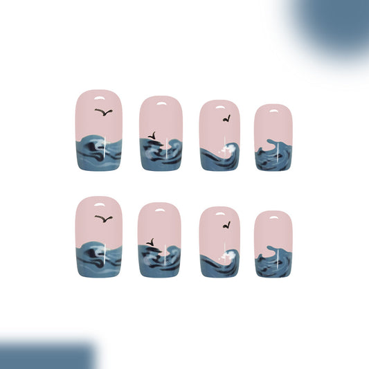 Ocean Breeze Chic Press On Nail Set Medium Square Pink and Blue with Wave and Bird Design