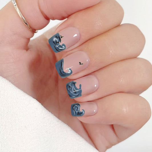 Ocean Mist Dream Medium Square Press-On Nails in Deep Blue with Artistic Wave Design
