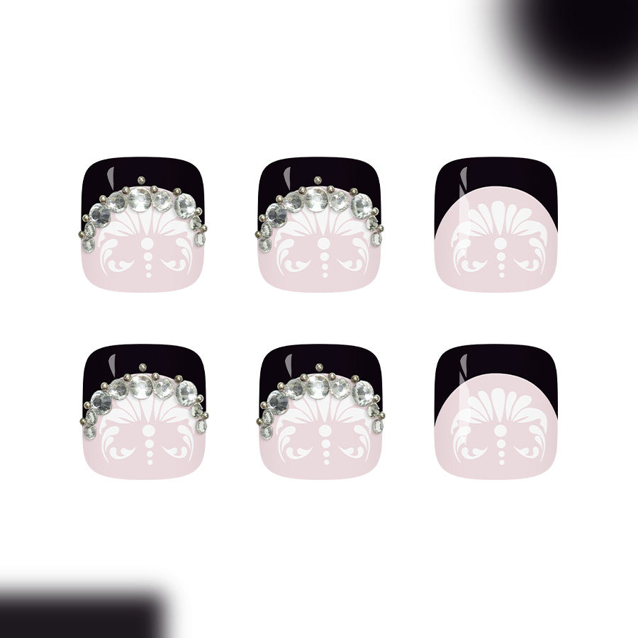Glamorous Delight Short Square Black and Pink Press On Toenail Set with Sparkling Gem Accents