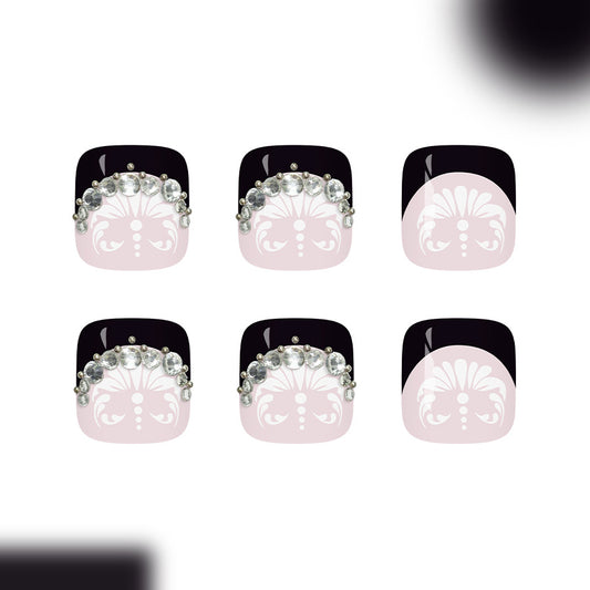 Glamorous Delight Short Square Black and Pink Press On Toenail Set with Sparkling Gem Accents