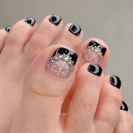 Elegant Noir Glamour Short Square Press-On Toenail Set with Lustrous Detailing and Stunning Black Finish