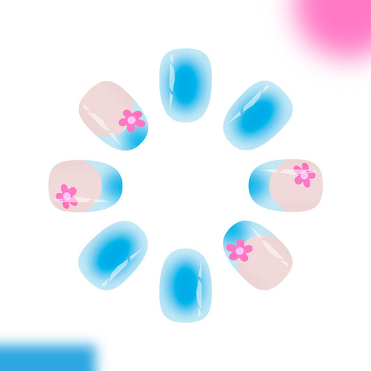 Tropical Bliss Short Round Light Blue Ombre Nails with Floral Accents