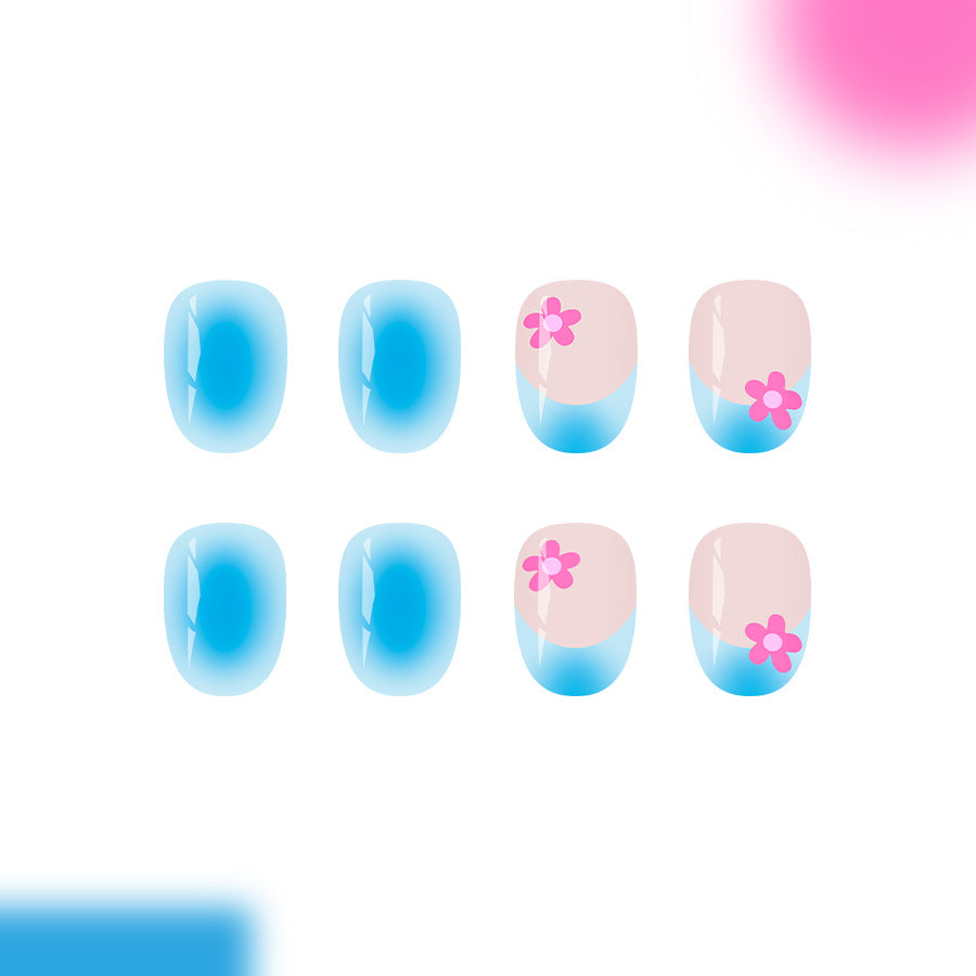 Tropical Oasis Short Oval Ombre Blue and Pink Floral Press On Nail Set
