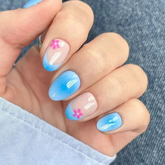 Whimsical Ocean Breeze Short Oval Light Blue with Charming Floral Accents Press-On Nail Set