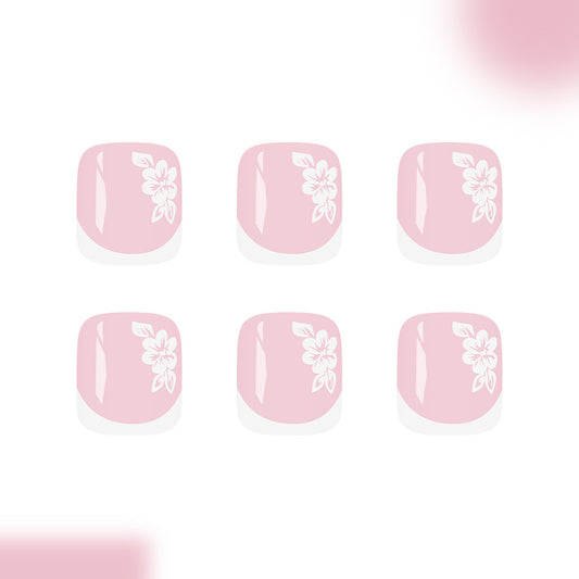 Blossom Bliss Short Square Pink Press On Toenail Set with Floral Design