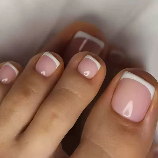 Chic Elegance Short Square Press On Toenail Set in Soft Pink with Glossy French Tips