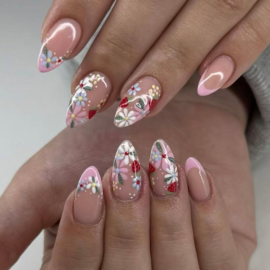 Garden Dream Floral Press On Nail Set Elegant Long Almond Shape Soft Pink Color Vibrant Flower Design