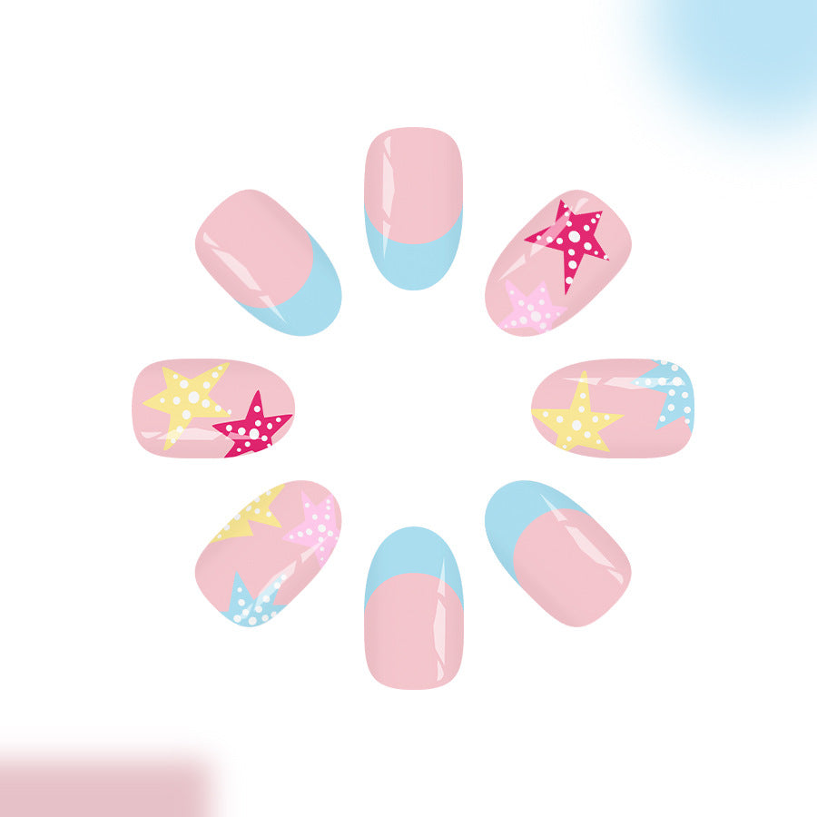 Celestial Dream Press-On Nail Set in Short Round Pink and Blue with Starry Pattern