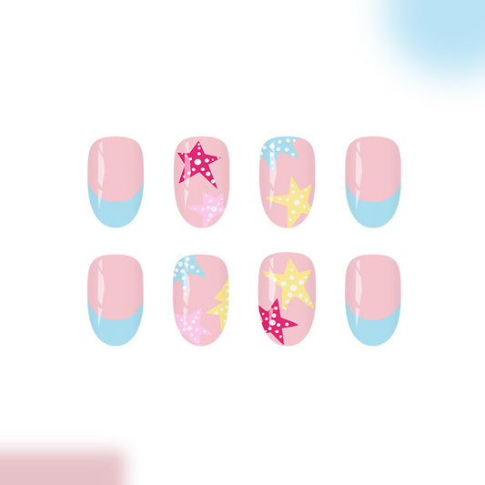 Starry Ocean Vibes Press On Nail Set Short Round Pink and Blue with Colorful Star Design
