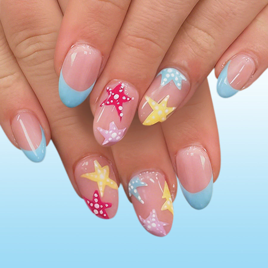 Ocean Breeze ShortOval Pink and Blue Nail Set with Fun Starfish Designs