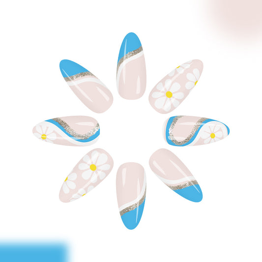Botanical Bliss Long Almond Blue and Beige Floral Design with Glitter Accents Press On Nail Set