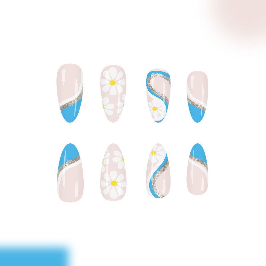 Blossom Breeze Long Almond Blue Beige with Floral and Glitter Highlights Press On Nail Set