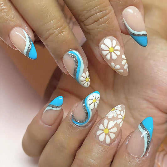 Blossom Dreams Long Almond Blue and White Floral Design with Sparkling Accents Press On Nail Set