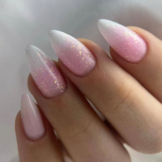 Enchanted Garden Long Almond Pink Ombre with Sparkling Glitter Press on Nail Set