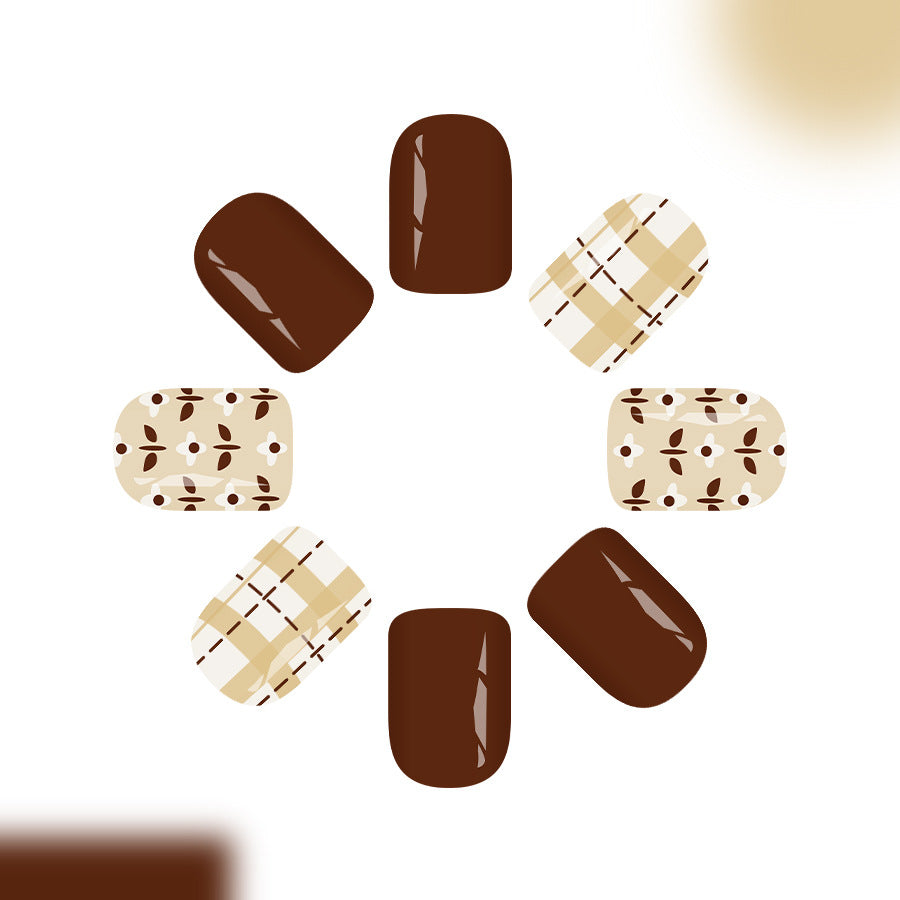 Autumn Vibes Short Square Brown and Beige Plaid Patterned Press On Nail Set