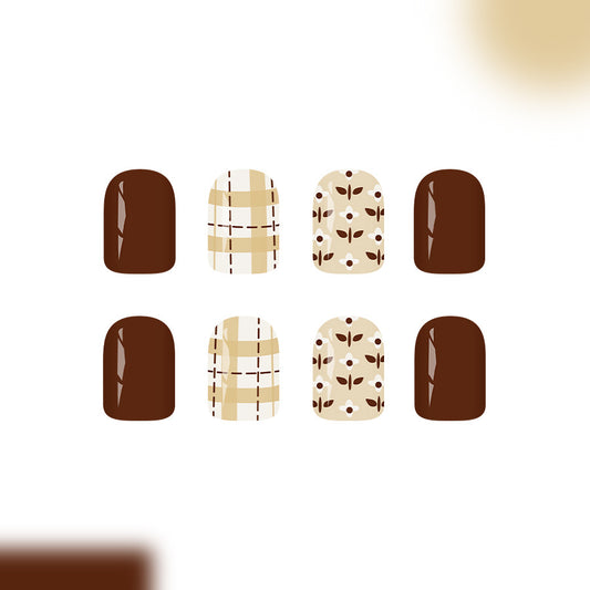 Chic Autumn Vibe Short Square Brown and Beige Nail Set with Stylish Leaf and Plaid Designs