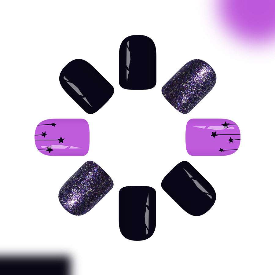 Celestial Dreams Glossy Short Square Black and Purple Glitter Press On Nail Set with Starry Accents