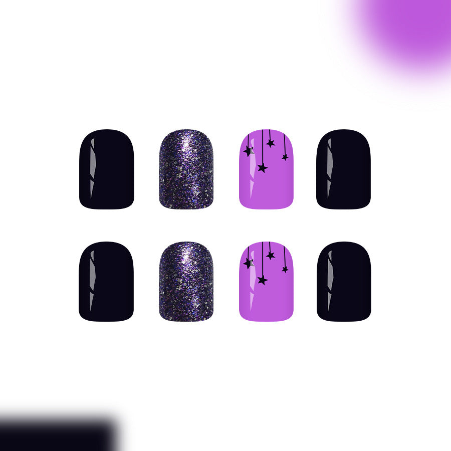 Starlit Dreams Short Square Black and Purple Press On Nail Set with Sparkling Glitter and Star Accents