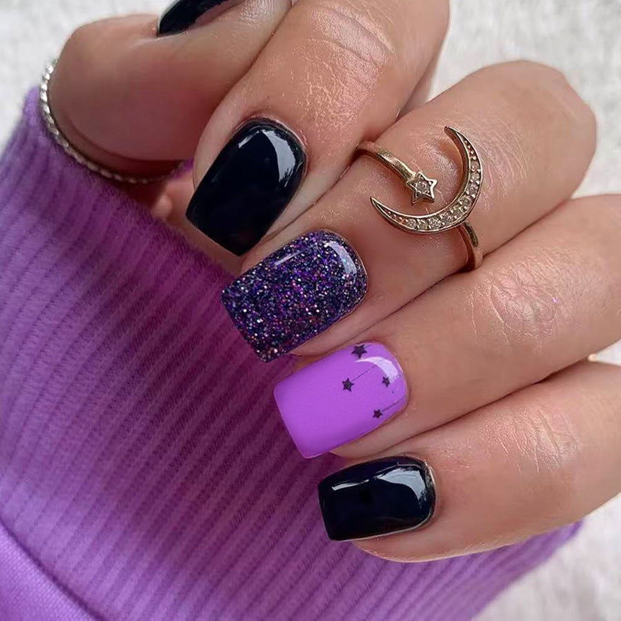 Celestial Dreams Short Square Glossy Black and Shimmering Purple Glitter with Charming Star Accent Press On Nail Set