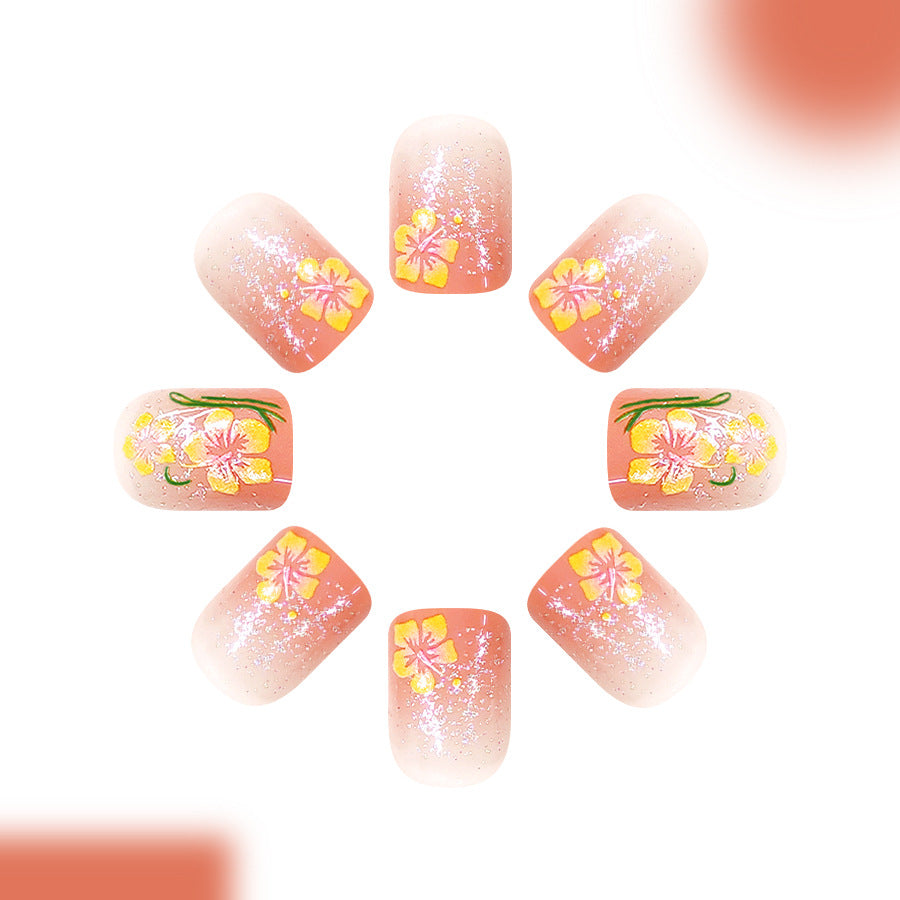 Tropical Blossom Short Square Peach Press on Nail Set with Sparkling Floral Design