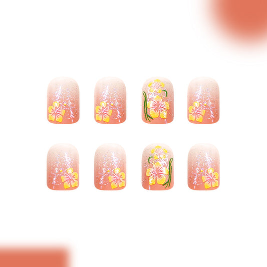 Tropical Bliss Short Square Peach Press On Nail Set with Floral Art Design