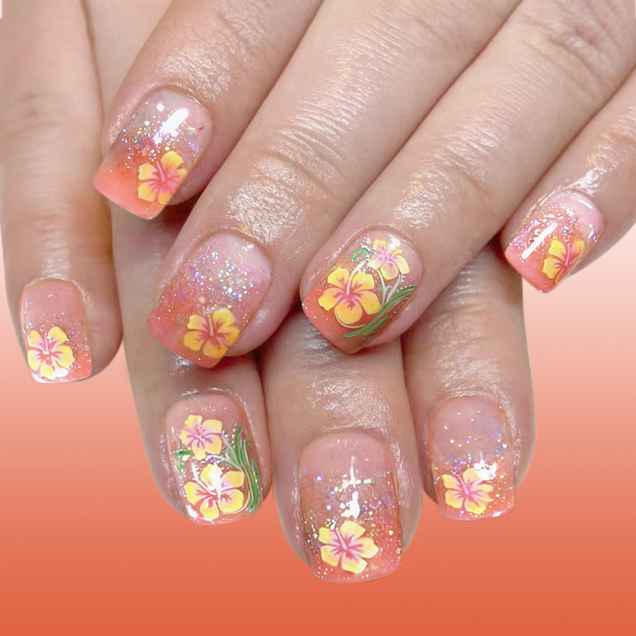 Tropical Paradise Medium Square Press On Nail Set in Pink with Glitter and Floral Accents