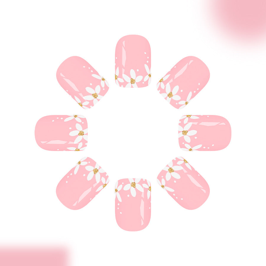 Whimsical Blossom Short Square Press On Nail Set in Soft Pink with Delicate Floral Accents