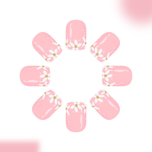 Whimsical Blossom Short Square Press On Nail Set in Soft Pink with Delicate Floral Accents