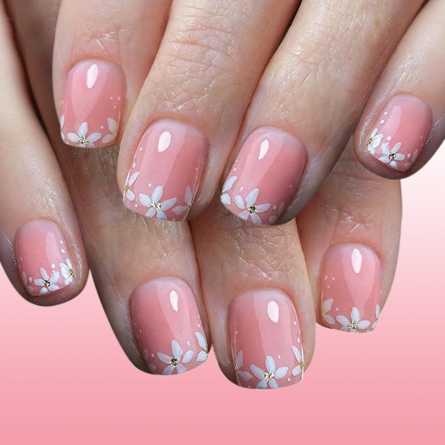 Blossom Elegance Short Square Pink with Floral Accents Press on Nail Set