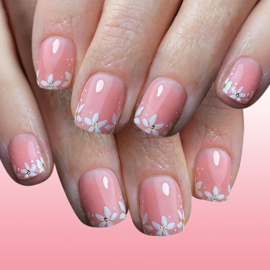 Blossom Elegance Short Square Pink with Floral Accents Press on Nail Set