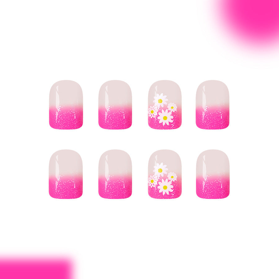 Sunny Blossom Press On Nail Set Short Square Pink Ombre with Daisy Accents