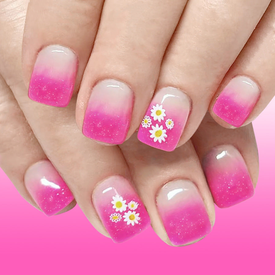Floral Fantasy Short Square Pink Ombre Press On Nail Set with Sparkle and Daisy Accents