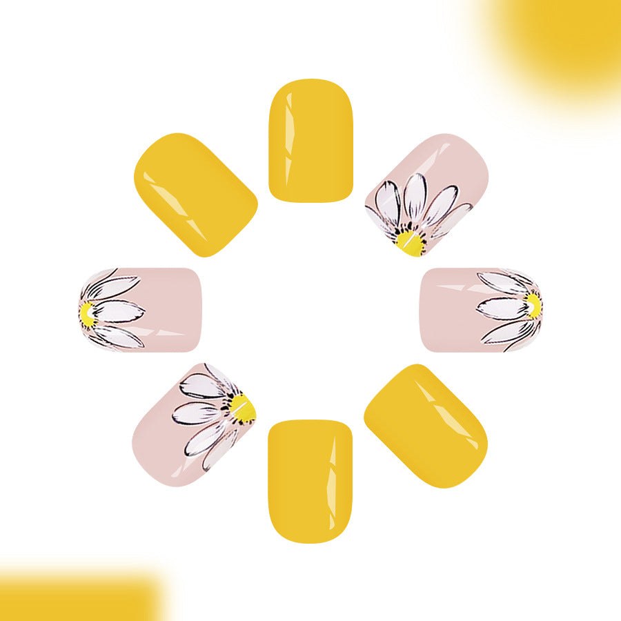 Sunny Daydream Delight Short Square Yellow and Natural with Floral Accents Press on Nail Set