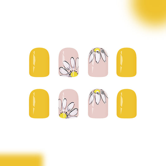 Sunny Days In Bloom Short Square Shaped Bright Yellow and Soft Pink Floral Press On Nail Set