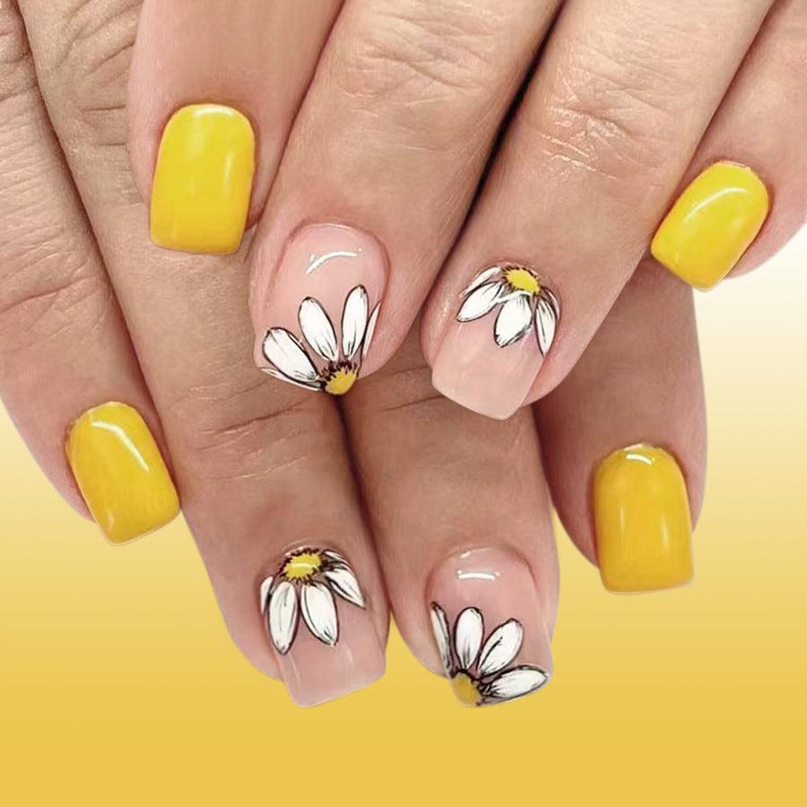 Sunny Delight Short Square Press On Nails Bright Yellow and Elegant Daisy Floral Design