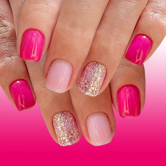 Glamorous Garden Short Square Glossy Pink Press On Nail Set with Sparkling Accent