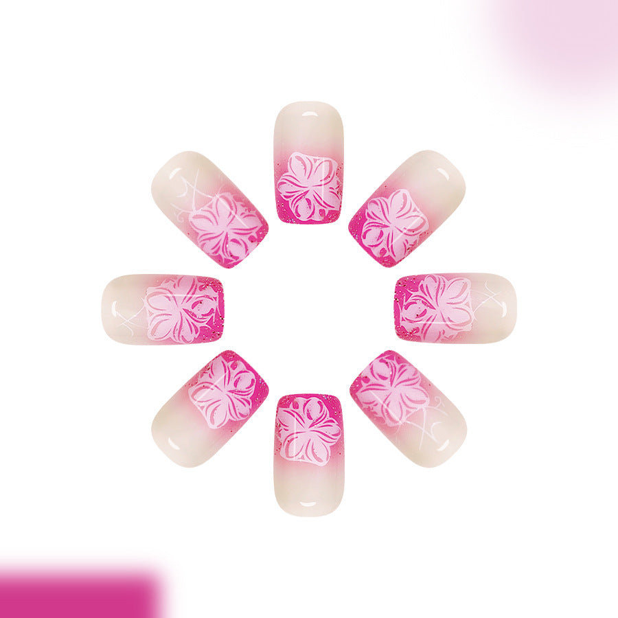Tropical Blossom Medium Square Pink Ombre Nail Set with Floral Design