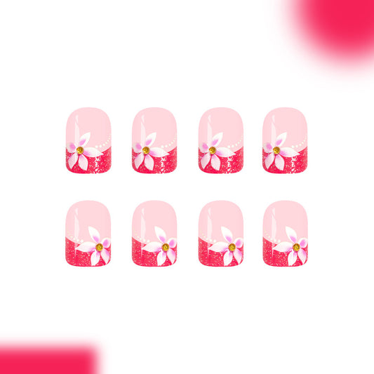 Tropical Blossom Elegant Short Square Pink Glitter Press On Nail Set with Floral Design