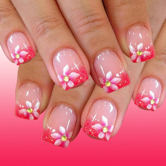 Floral Elegance Short Square Pink Glitter with Delicate Flower Accents Press On Nail Set